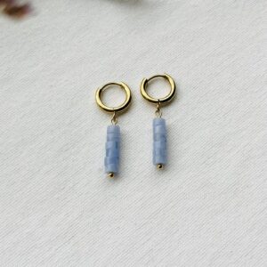 RVS gouden creolen met lila agaat disc kraaltjes van natuursteen