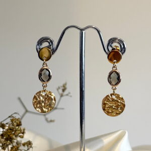 743-Mon-Couleur-sieraden-by-Alinde-bruine-oorbellen-getrommeld-goud-rond-transp.-bruin-connector-rvs-gouden-oorstekers